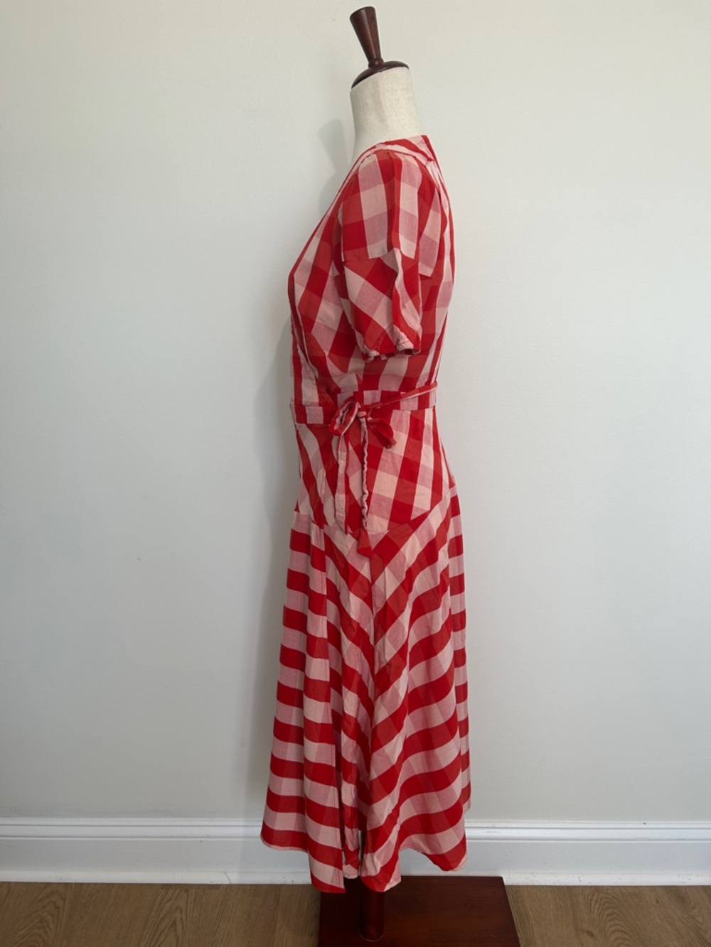 LOFT Red and Cream Gingham Midi Wrap Dress - Picture 4 of 7
